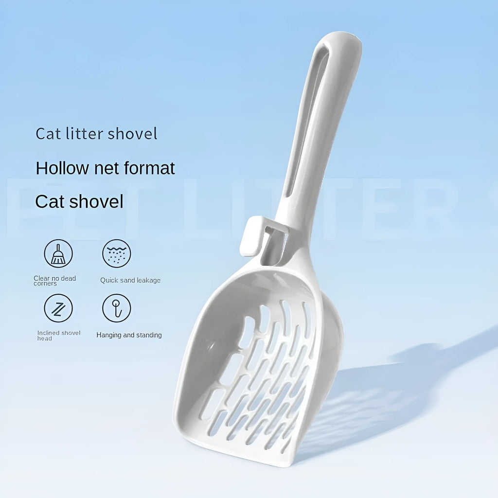 Grey plastic cat litter scoop with perforations, shown sitting on its attached square base stand.