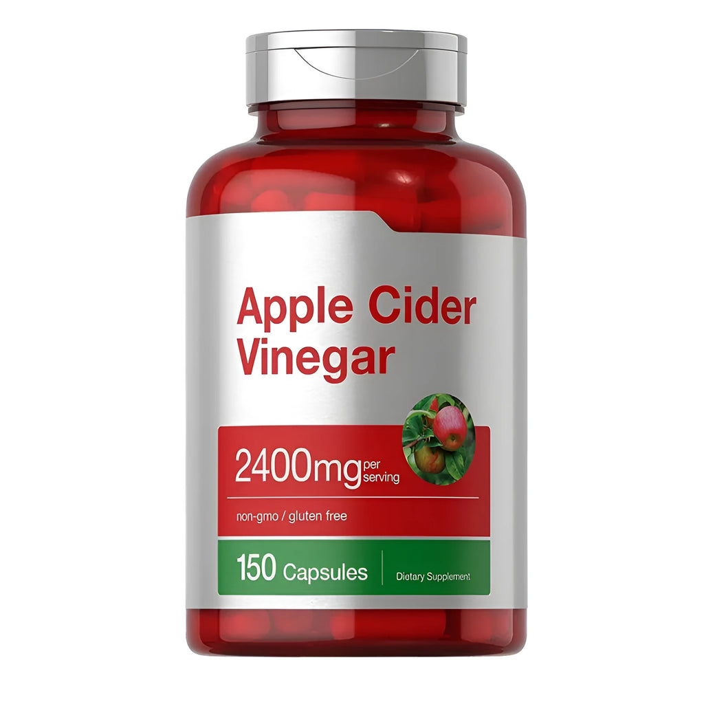 Apple cider vinegar health supplement capsules in container with 150 tablets
