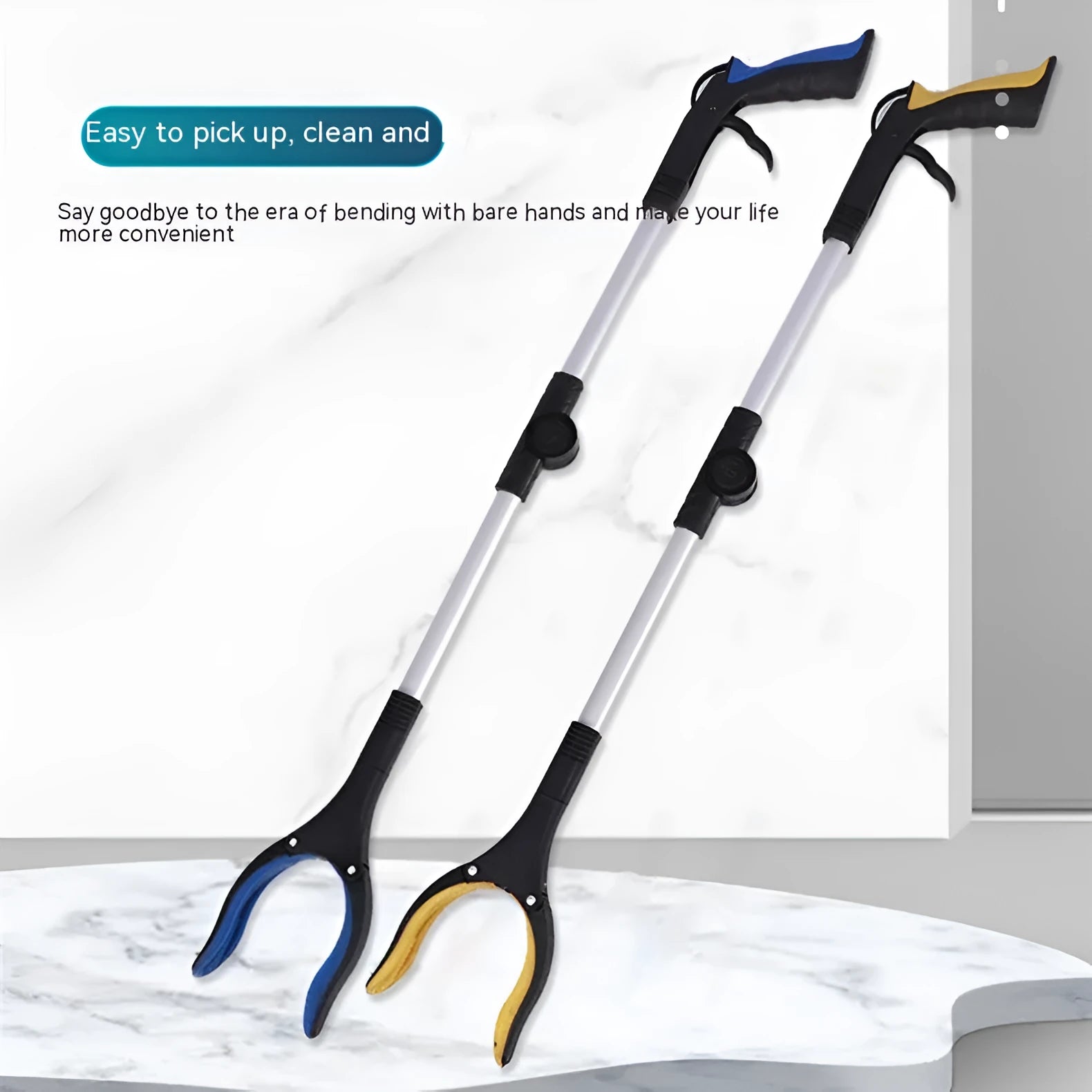 Foldable aluminium garbage clamp showing extended 80cm length and magnetic sucker attachment