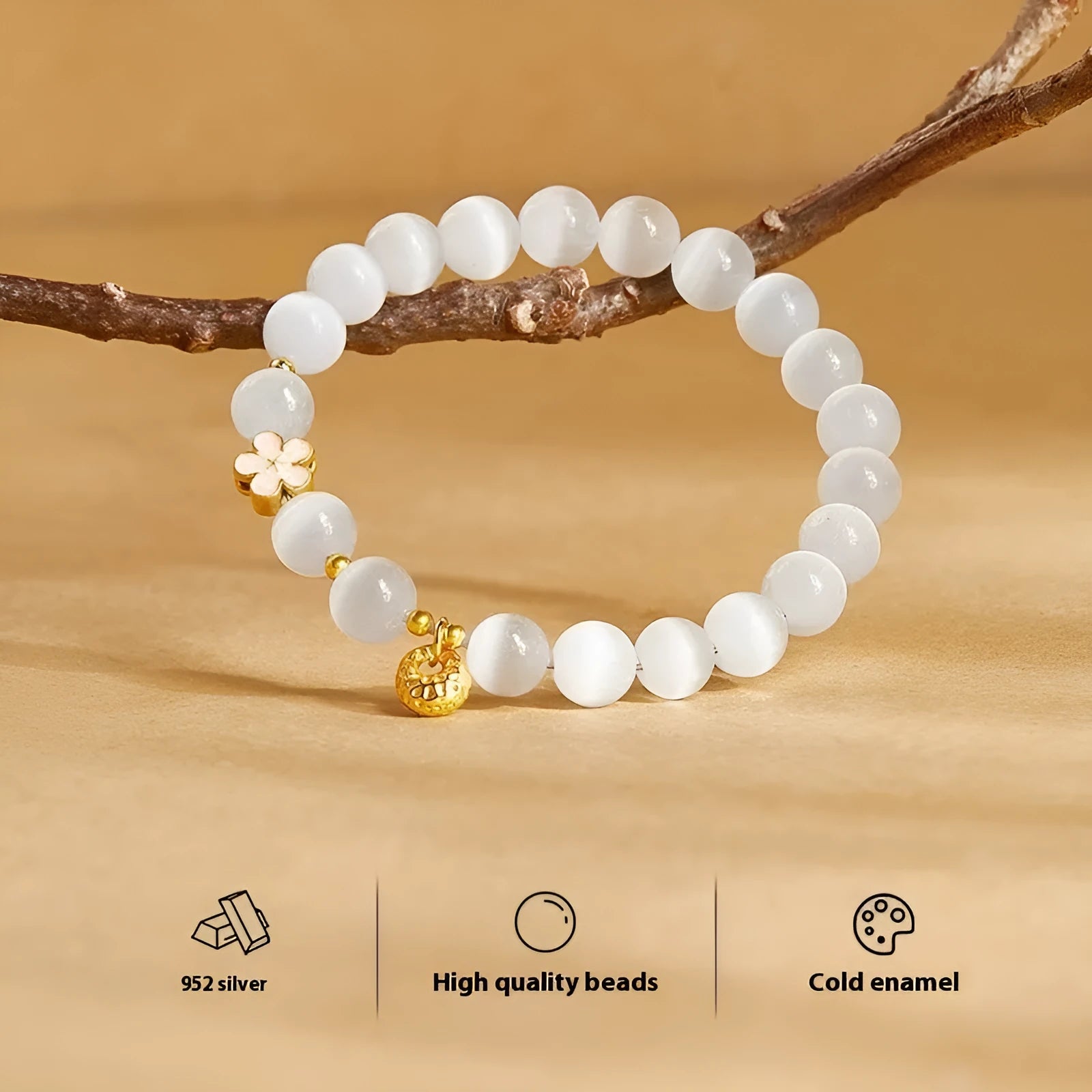 Sterling silver character fu bag bracelet with cold enamel peach blossom opal, flower shape, Gray Island Peach Blossom style, on white background