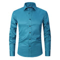 Men's stretch long sleeve shirt in polyester on a hanger, showing the button front and long sleeve design.