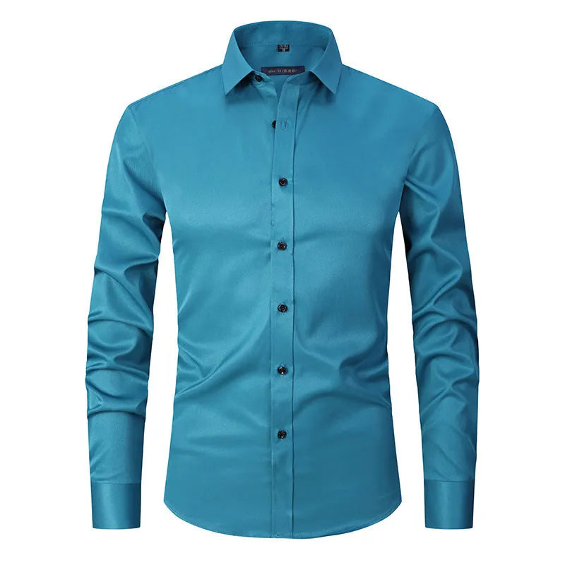 Men's stretch long sleeve shirt in polyester on a hanger, showing the button front and long sleeve design.