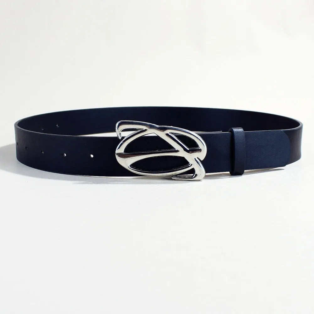 Silver buckle PU leather casual belt showing 105cm length and snap button fastening