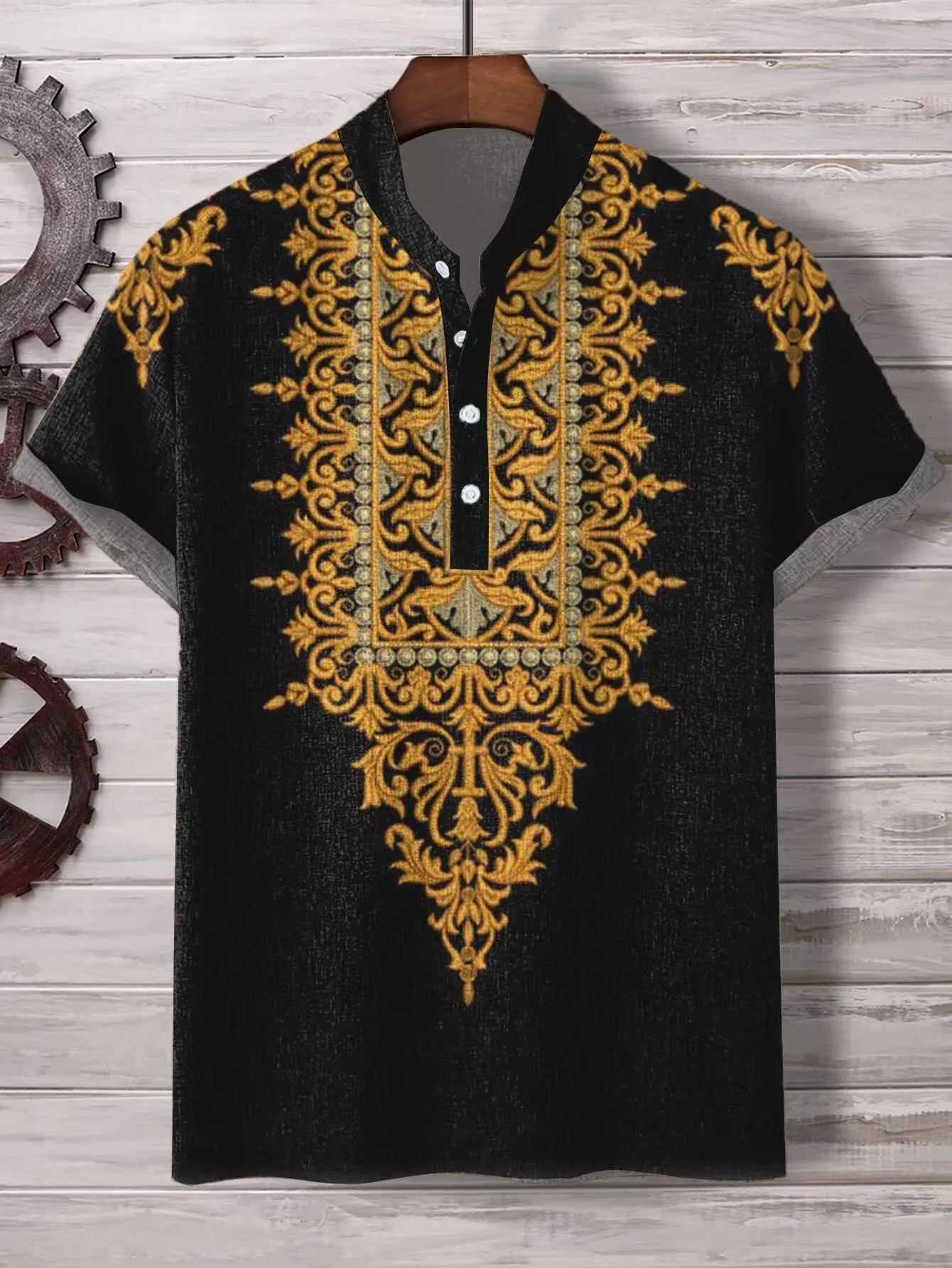 Men's striped casual shirt in loose fit with button linen style and polyester construction