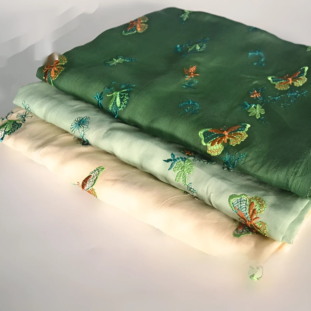 Ramie fabric for hanfu making in beige, dark green and grass green colours