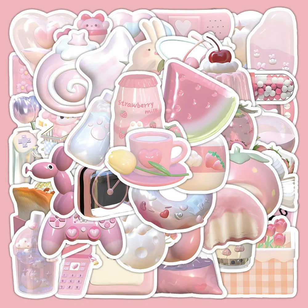 Pack of pink girl heart shaped 3D decorative stickers in a cute style on a light background.