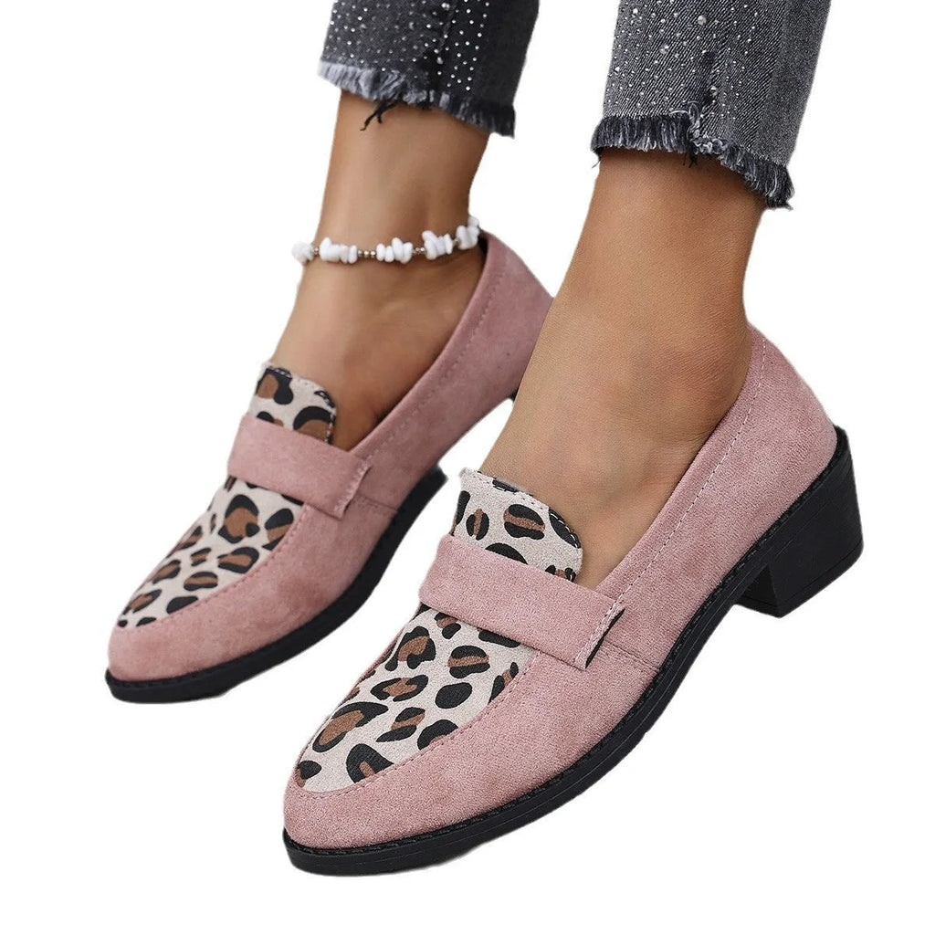 Women's leopard print suede slip-on shoe with chunky heel and pointed toe in pink colour
