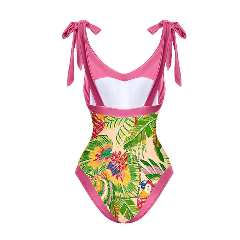 Retro floral print one-piece swimsuit with V-neck, covered belly design and thin skirt in pink colour