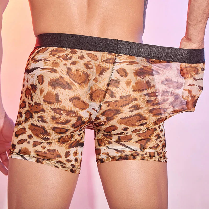 Men's leopard print boxer shorts showing animal pattern design on nylon fabric