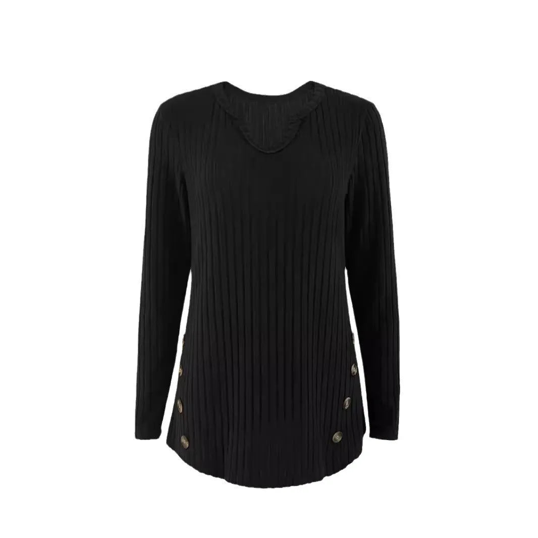 Casual solid colour button sweater knitted in polyester fabric with regular sleeves