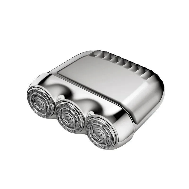 Three-head magnetic mini electric shaver in gun metal, orange, green, or blue colours with floating cutter design
