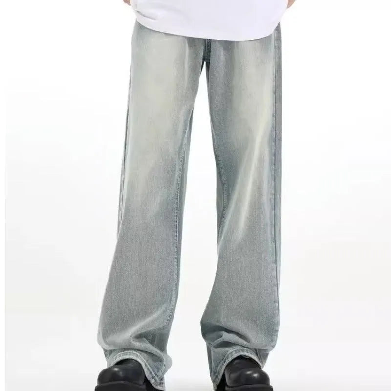 Blue loose-fit retro casual trousers with an elasticated waistband on a mannequin.