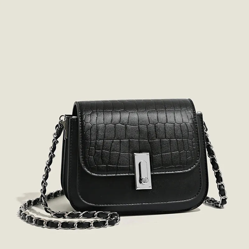 Women's soft PU chain shoulder bag in black with interior phone pocket and crossbody strap