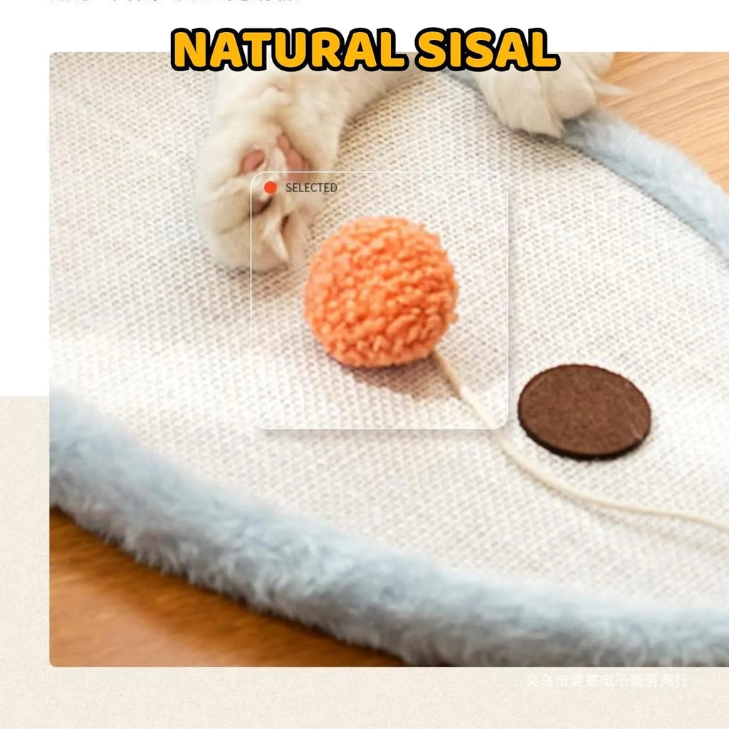White natural sisal cat scratching mat with cartoon sleeping cat design
