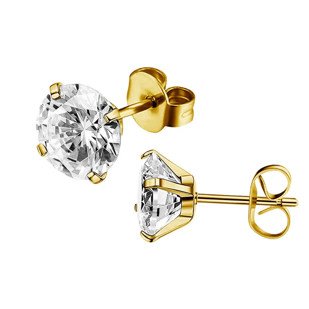 Square geometric stud earrings with a round zircon stone in stainless steel, shown in gold tone and steel colour finishes.