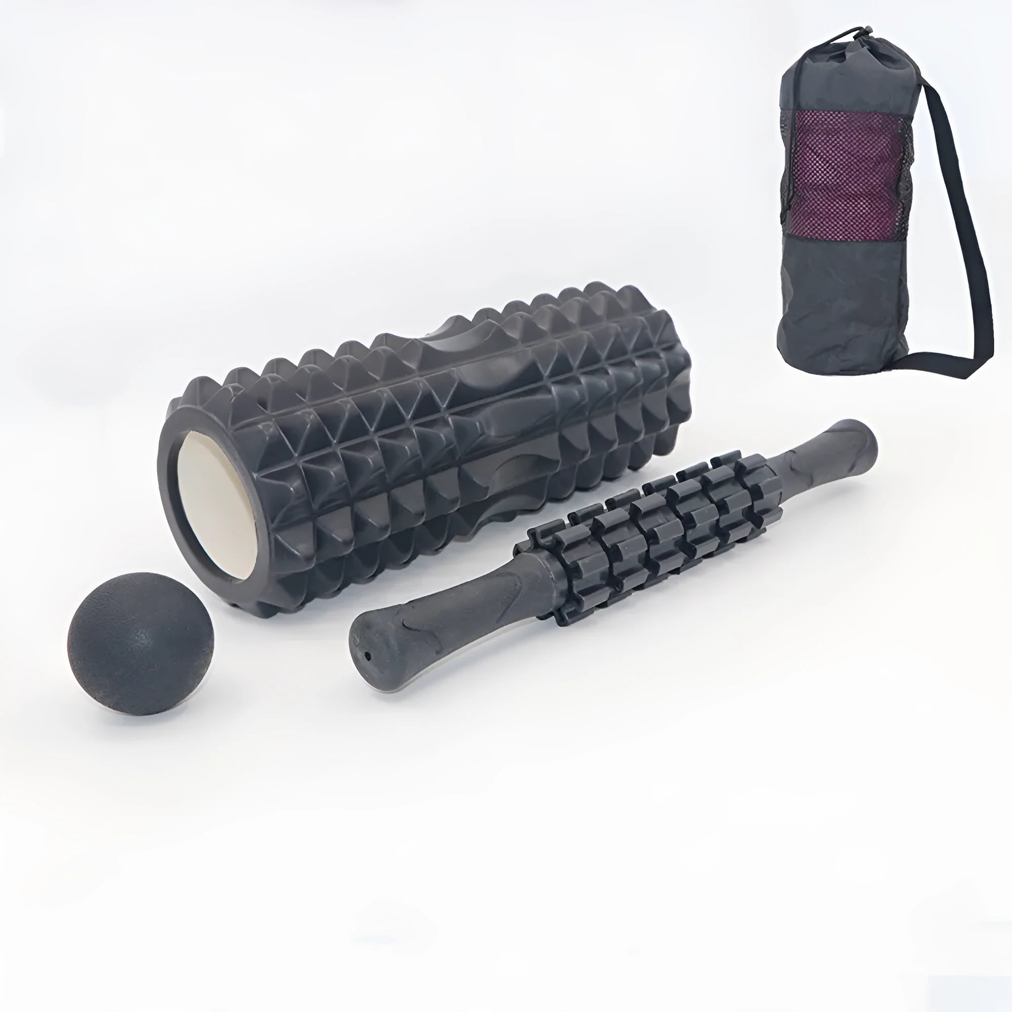 Black foam roller massage stick with gear design, 33cm long, on a plain background.