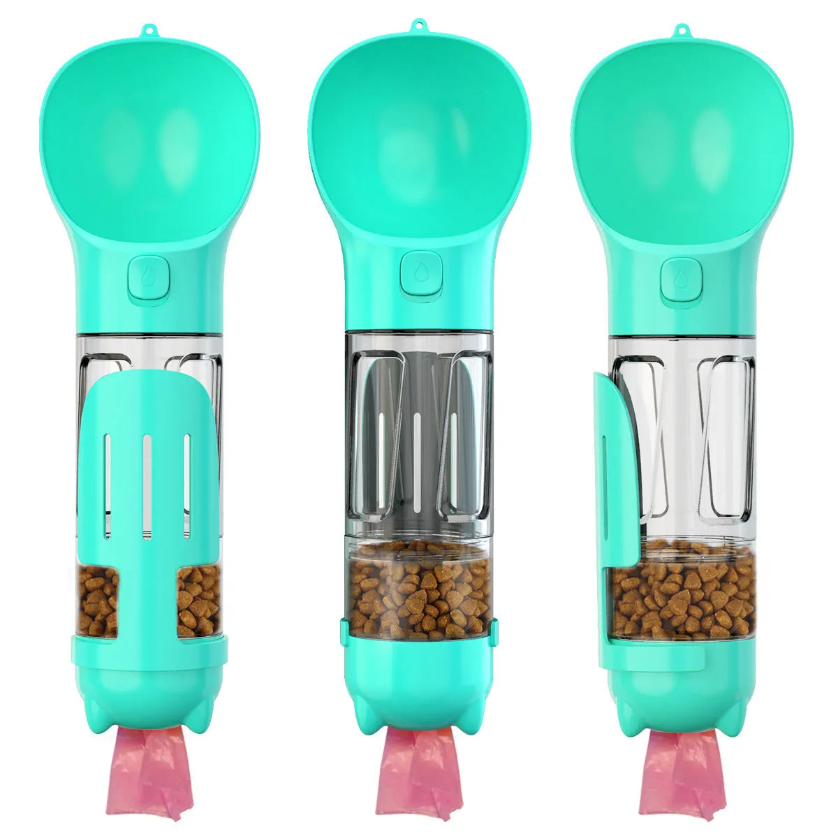 Portable 3-in-1 dog water bottle with leak-proof design, poop bag dispenser, and treat holder in aquamarine colour
