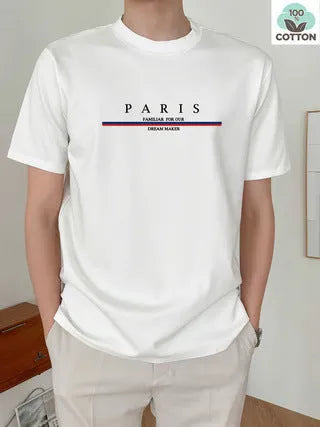 Men's heavy pure cotton short-sleeved loose t-shirt with printed letter design in apricot colour