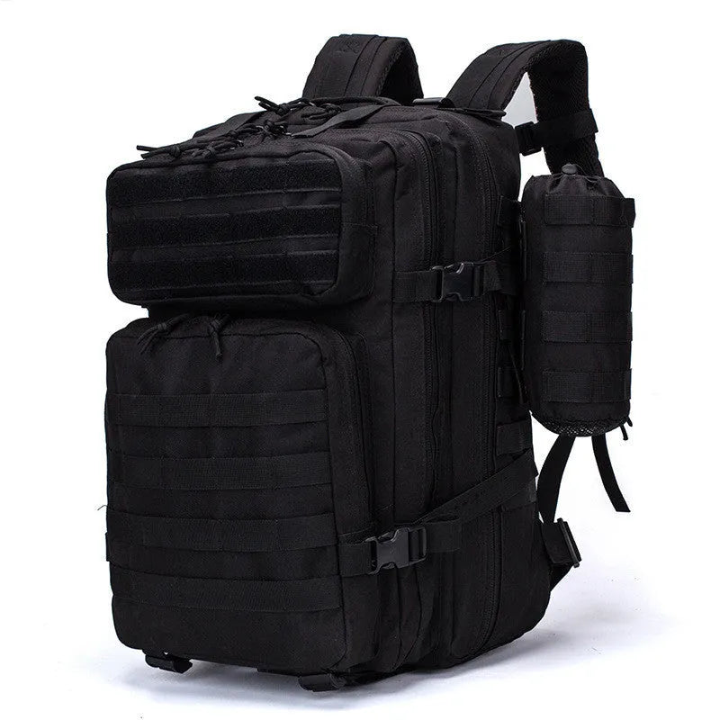 Men's waterproof Oxford camouflage backpack in army green with geometric pattern, 56-75L capacity for hiking