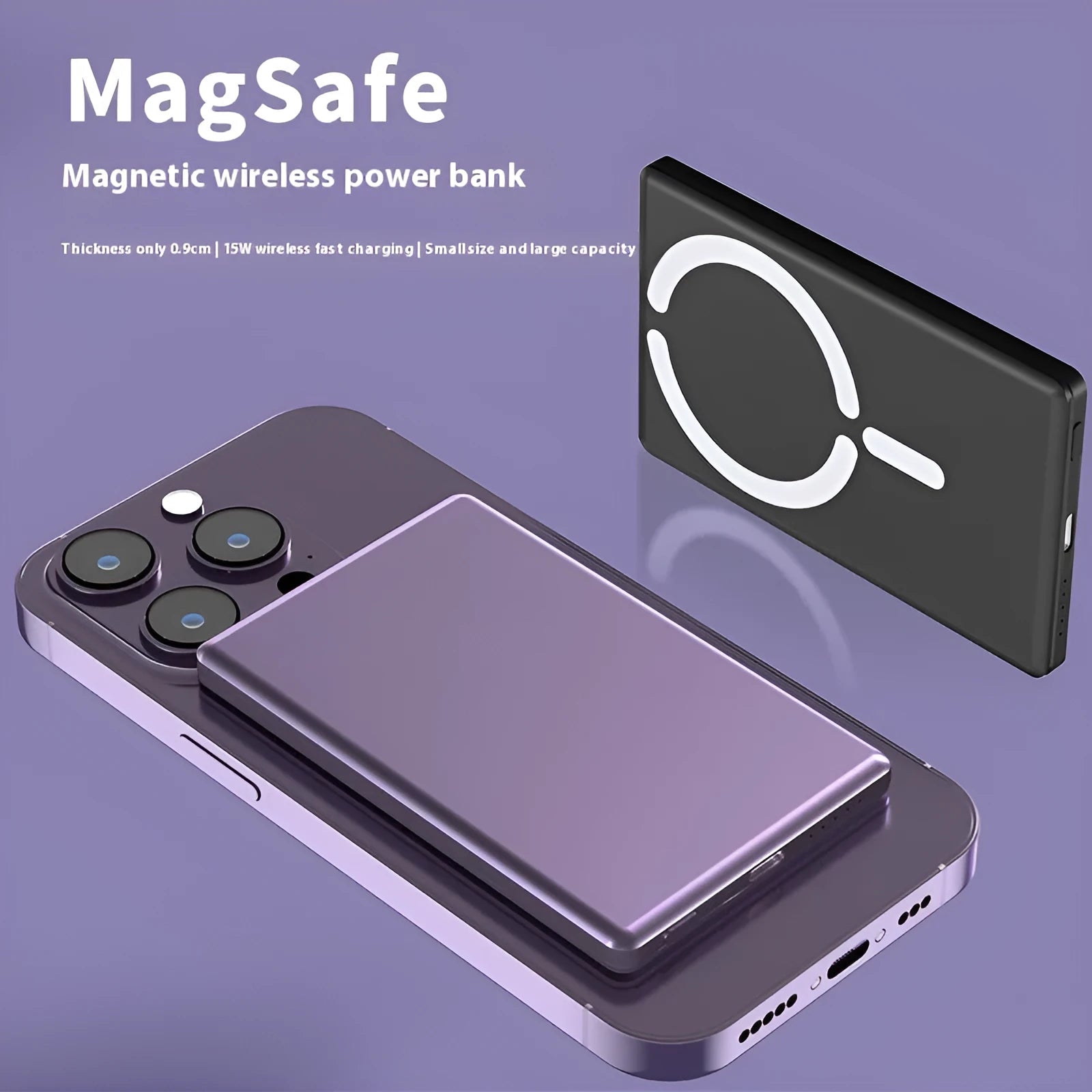 Ultra-thin magnetic power bank in alloy shell showing dark grey, silver, black and violet colour options