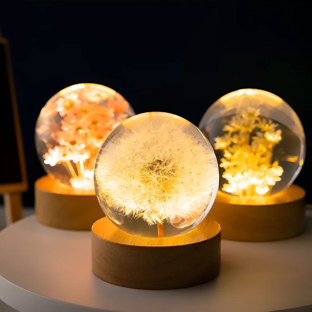 3D dandelion crystal ball lamp on beech wood base with USB cable
