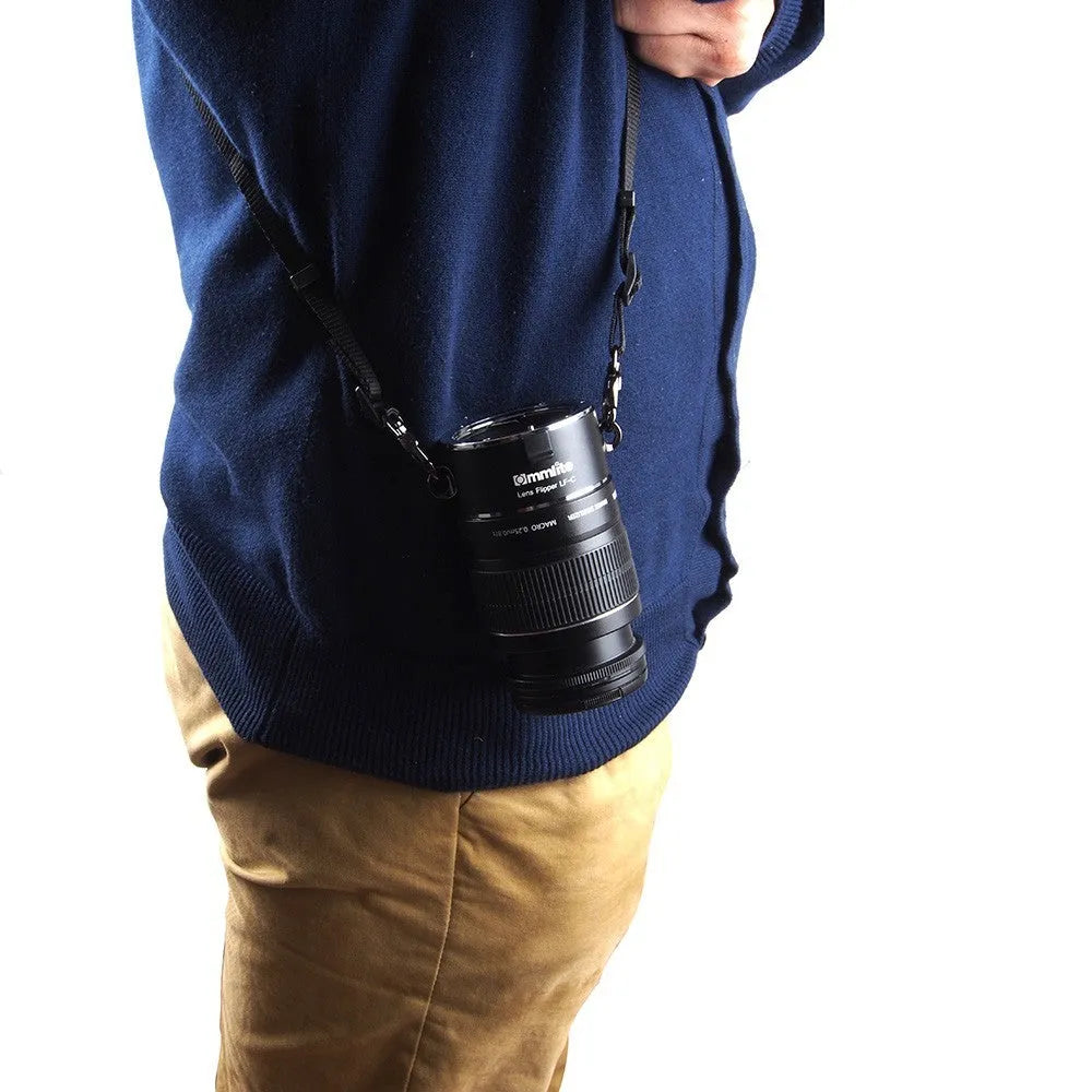Aluminium camera lens flipper holder for Nikon with cotton shoulder strap