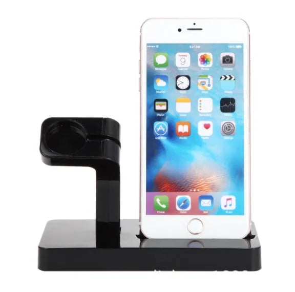 White 2-in-1 desktop charging dock station holding an iPhone and an Apple Watch for simultaneous charging.