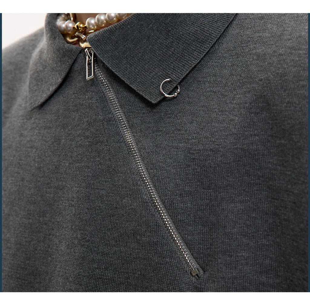 Black slim-fit knitted polo shirt for men with an oblique front zipper and lapel collar.