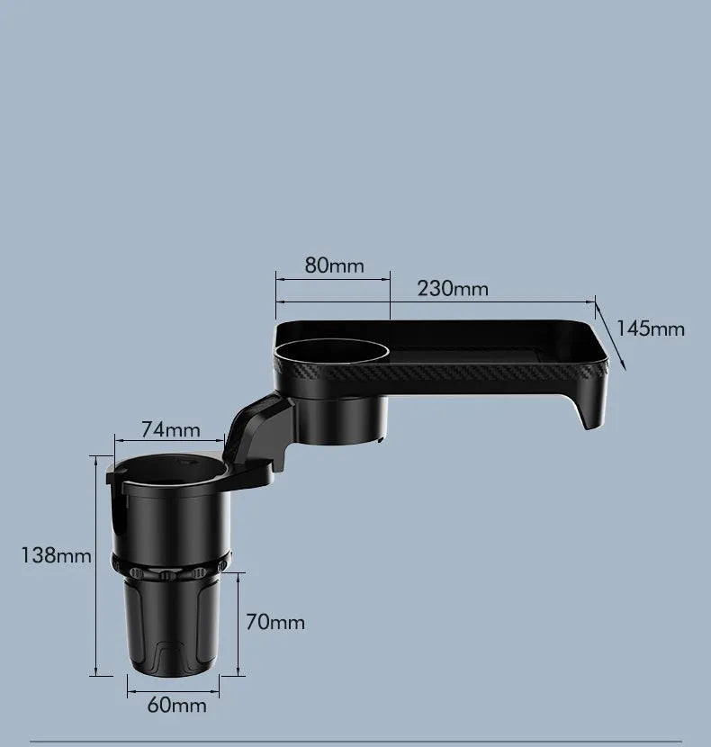 Black car-mounted rotating dinner tray holder showing 360-degree rotation mechanism