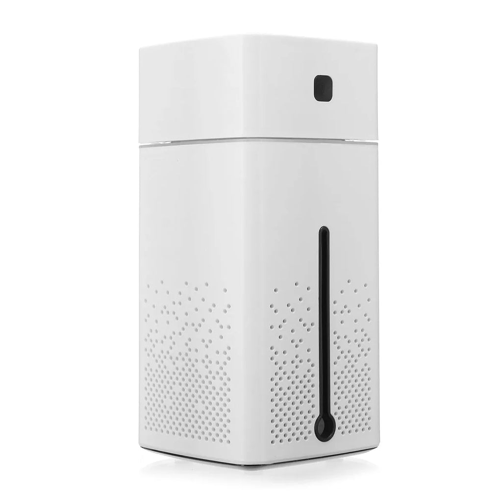 Black or white USB-powered desktop humidifier with 1000ml tank, dimensions 103x103x218mm.