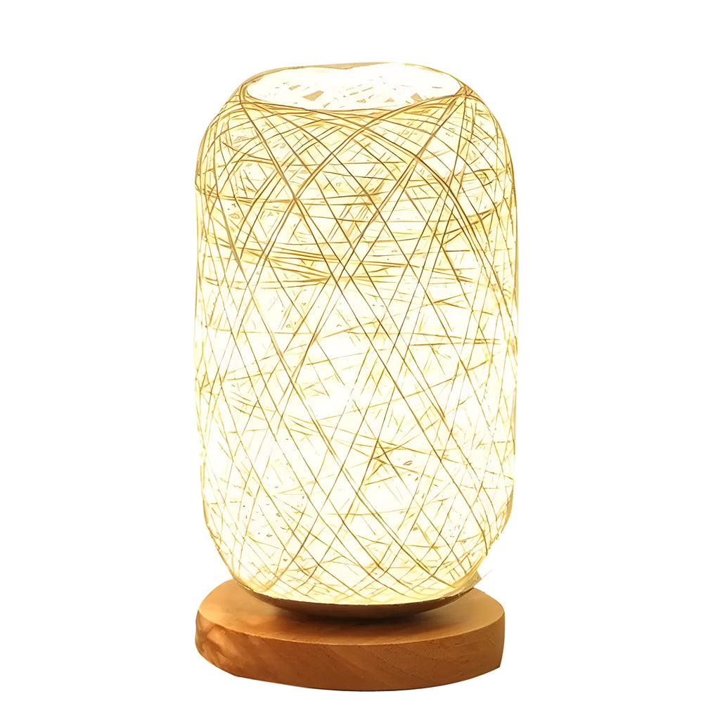 Sepak Takraw hemp rope desk lamp with solid wood base and USB-powered LED light