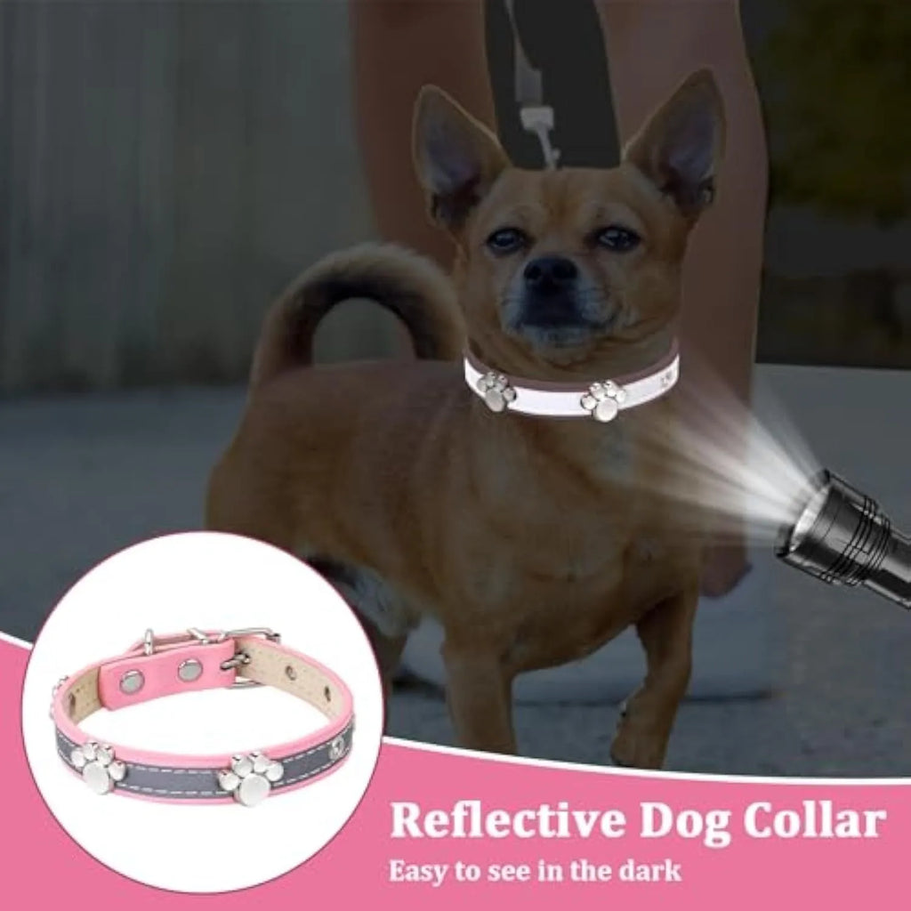 Reflective adjustable PU leather dog collar with paw rivet and metal buckle on a grey background.