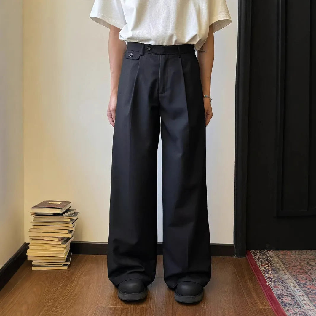 Men's brown casual suit pants with straight loose wide-leg fit and draping style