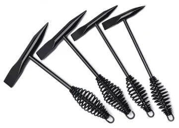 High carbon steel welding hammer with a spring steel handle for slag and rust removal.