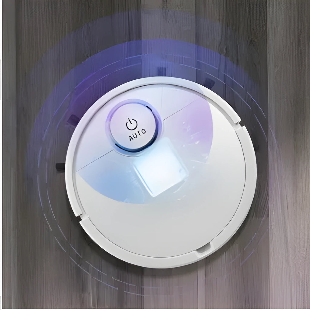 Automatic sweeping robot with a white ABS plastic housing on a wooden floor.