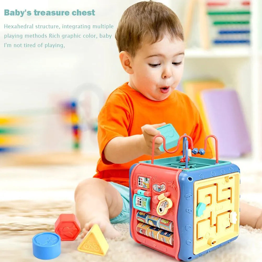 Six-sided baby hexahedron educational toy cube with bead maze and gears in multiple colours