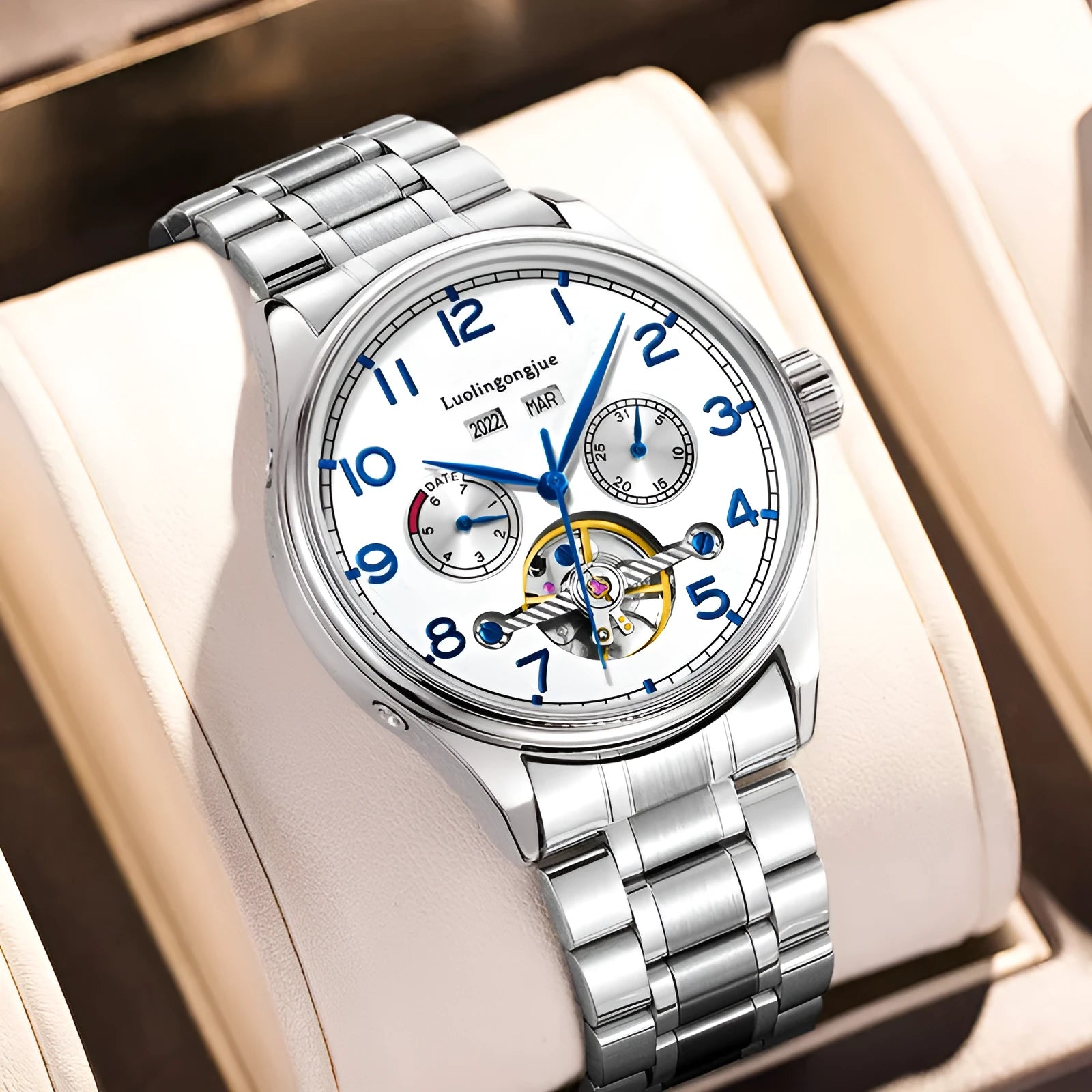 Men's stainless steel mechanical business watch with sapphire crystal and transparent case back