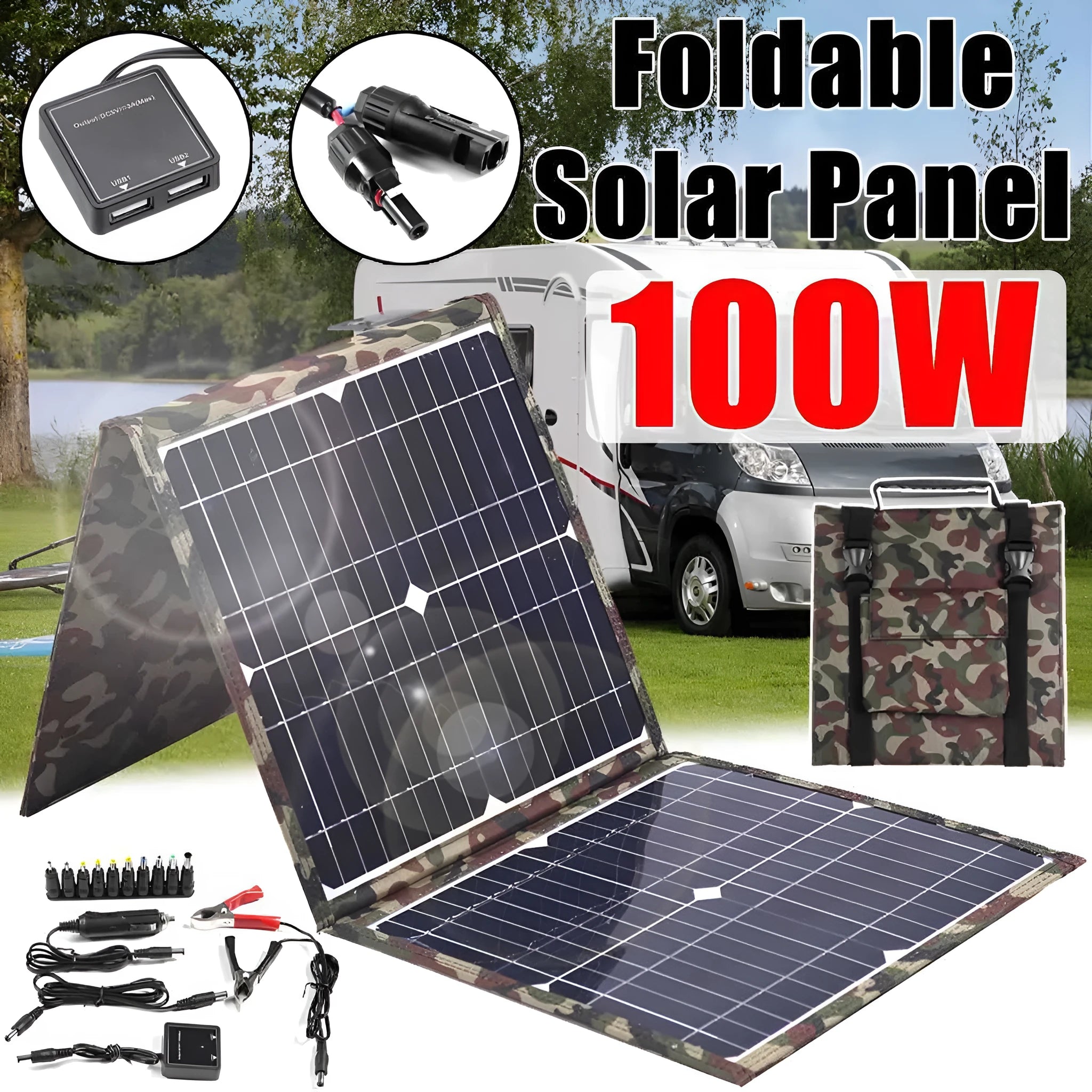 Black foldable 36W portable solar panel with car charger and USB hub accessories on a table.