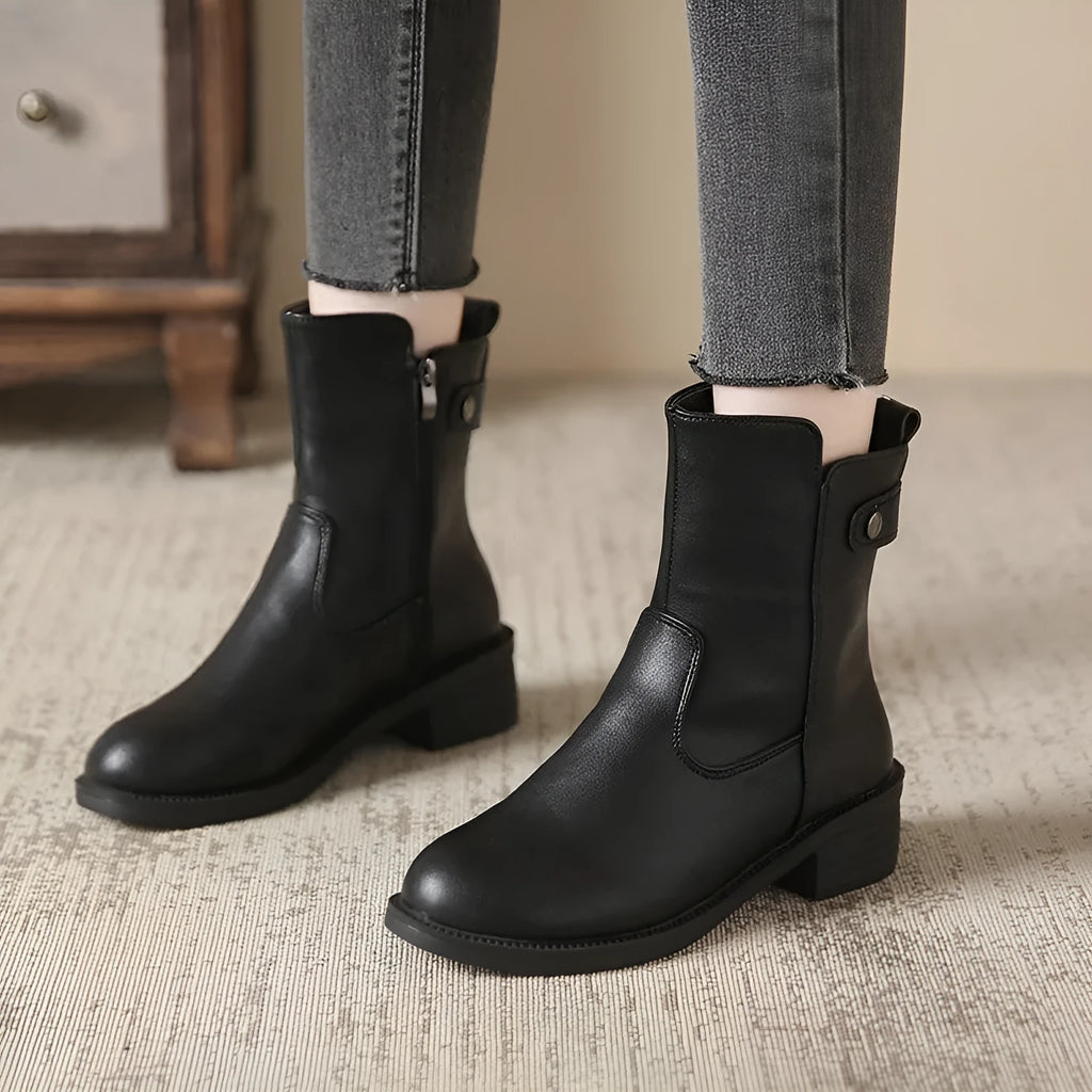 Women's black low heel ankle boots with side zip and round toe