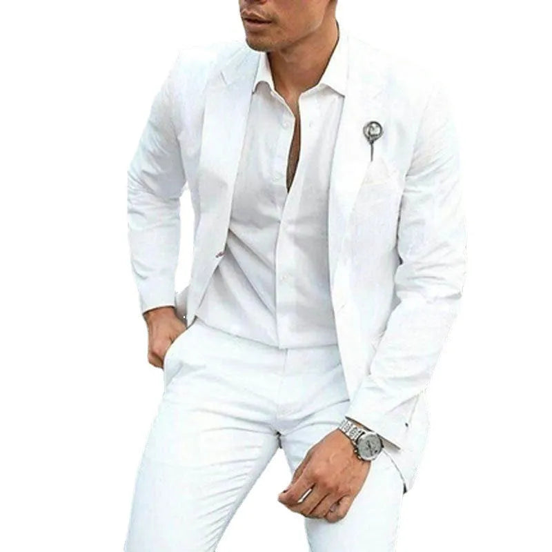 Men's white slim fit two-piece cotton suit on a hanger, showing jacket and trousers for formal events.