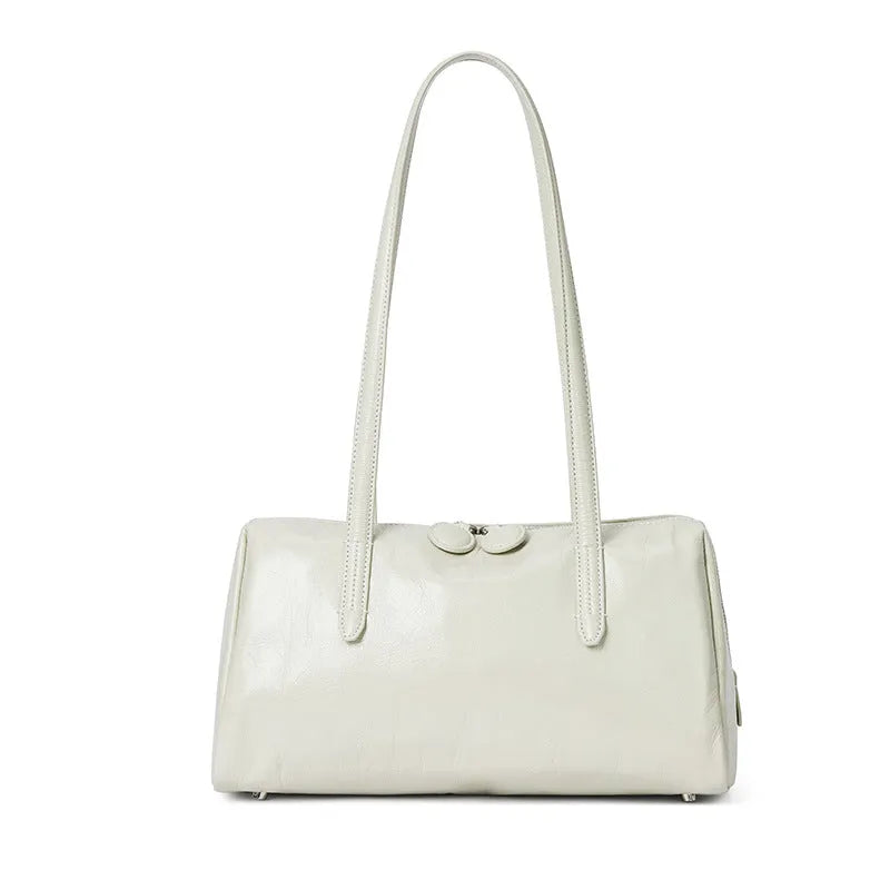 Genuine leather retro tote bag horizontal square shoulder bag 32x16x15cm cowhide open pocket mobile phone bag