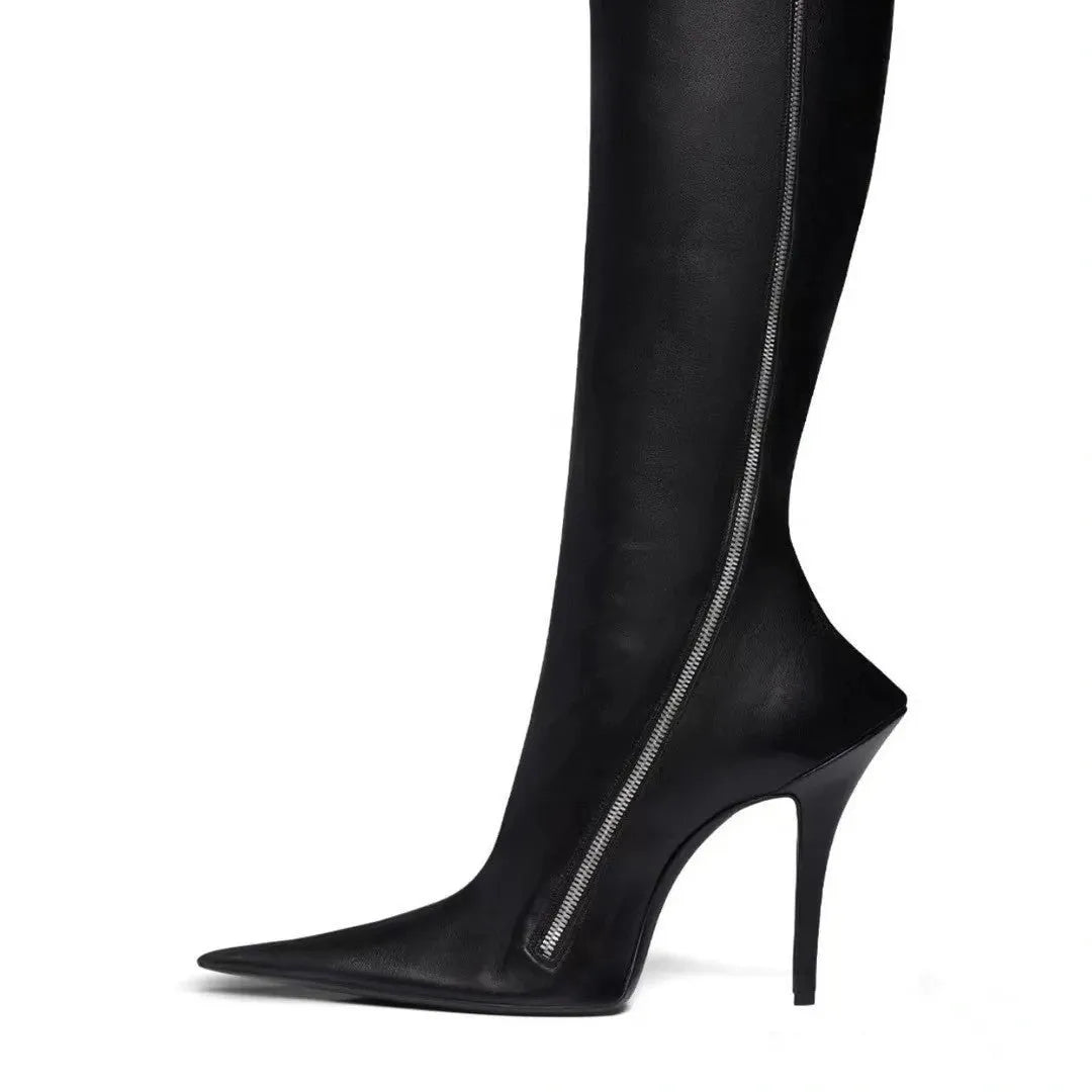 Black women's stiletto heel pointed toe knee-high boots with side zipper