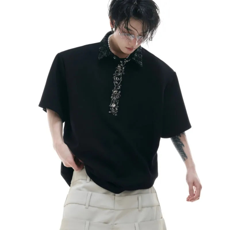 Men's loose fit polo shirt with square collar in black, grey or white colours