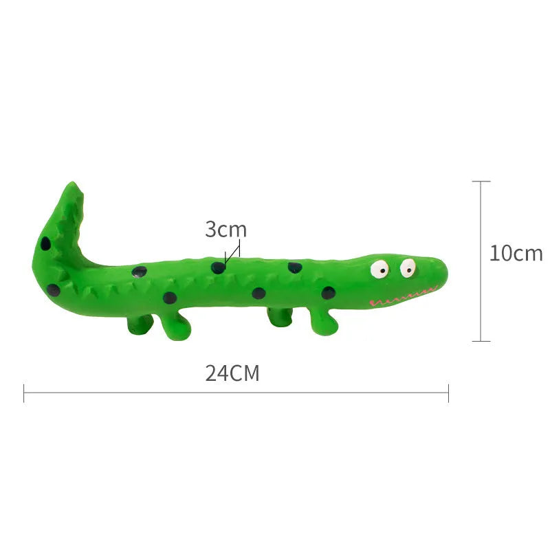 Green lizard-shaped dog chew toy with textured surface for teeth cleaning and squeaker inside