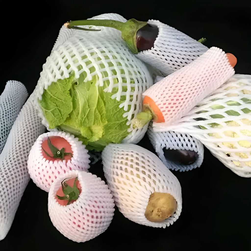 White foam shockproof protective net case showing net construction with size options from 6x5cm to 18x7cm