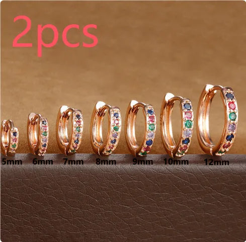 Gold, rose gold and silver geometric circle zircon stud earrings in sizes 5mm to 12mm.