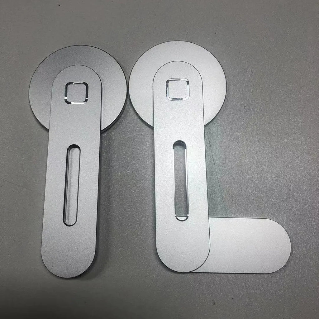Aluminium magnetic laptop expansion bracket in black colour showing arc magnet row and CNC machined construction