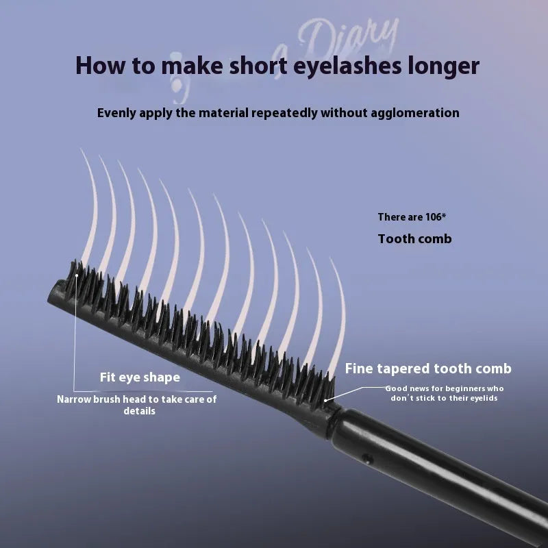 Long curling and long-lasting mascara tube in black or brown shade with applicator wand.