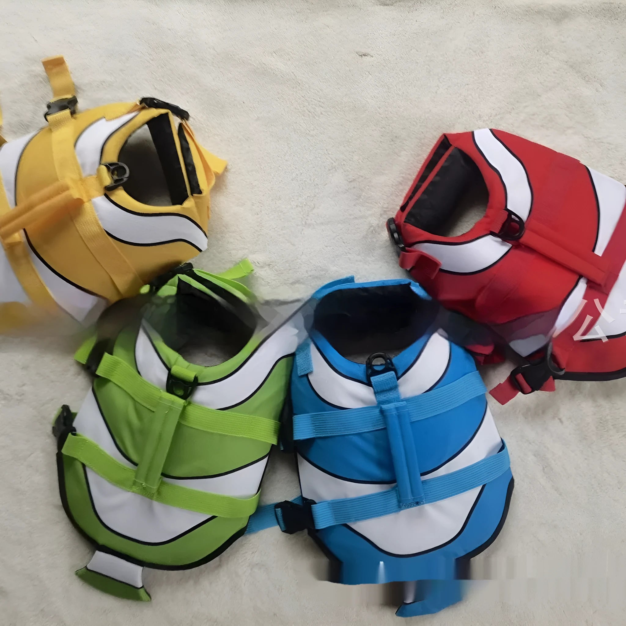 Simple striped polyester pet life jacket for dogs in orange colour showing size XS 20cm