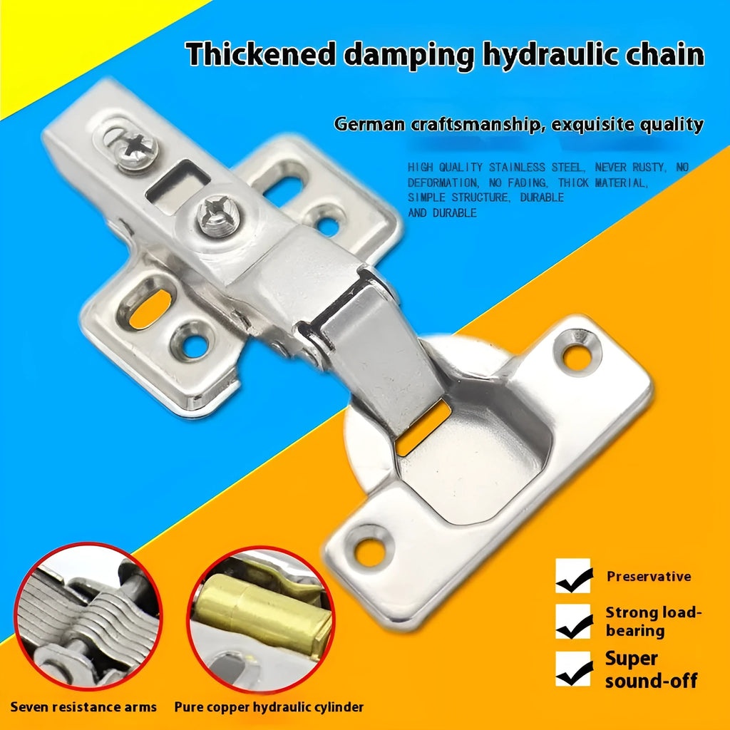 Nickel-plated hydraulic damping cabinet hinge showing the three bend types: straight, middle, and large.